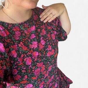 Aakaa‎ pink, red, green and black floral layered dress w/ circle hem. Size S